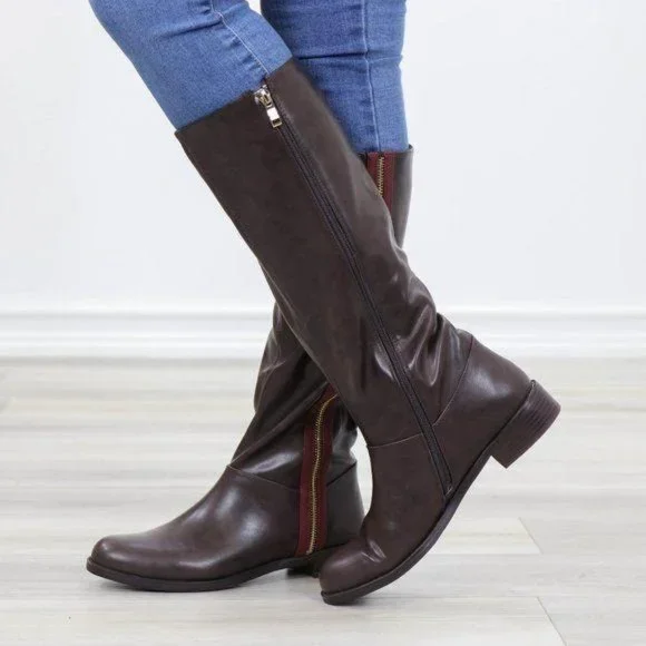 Brown Below Knee Rider Boots Light Faux Fur Inside - Picture 9 of 11